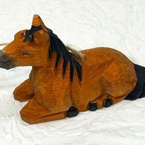 Hand Carved Sitting Wooden Horse Ornament 3"x2"